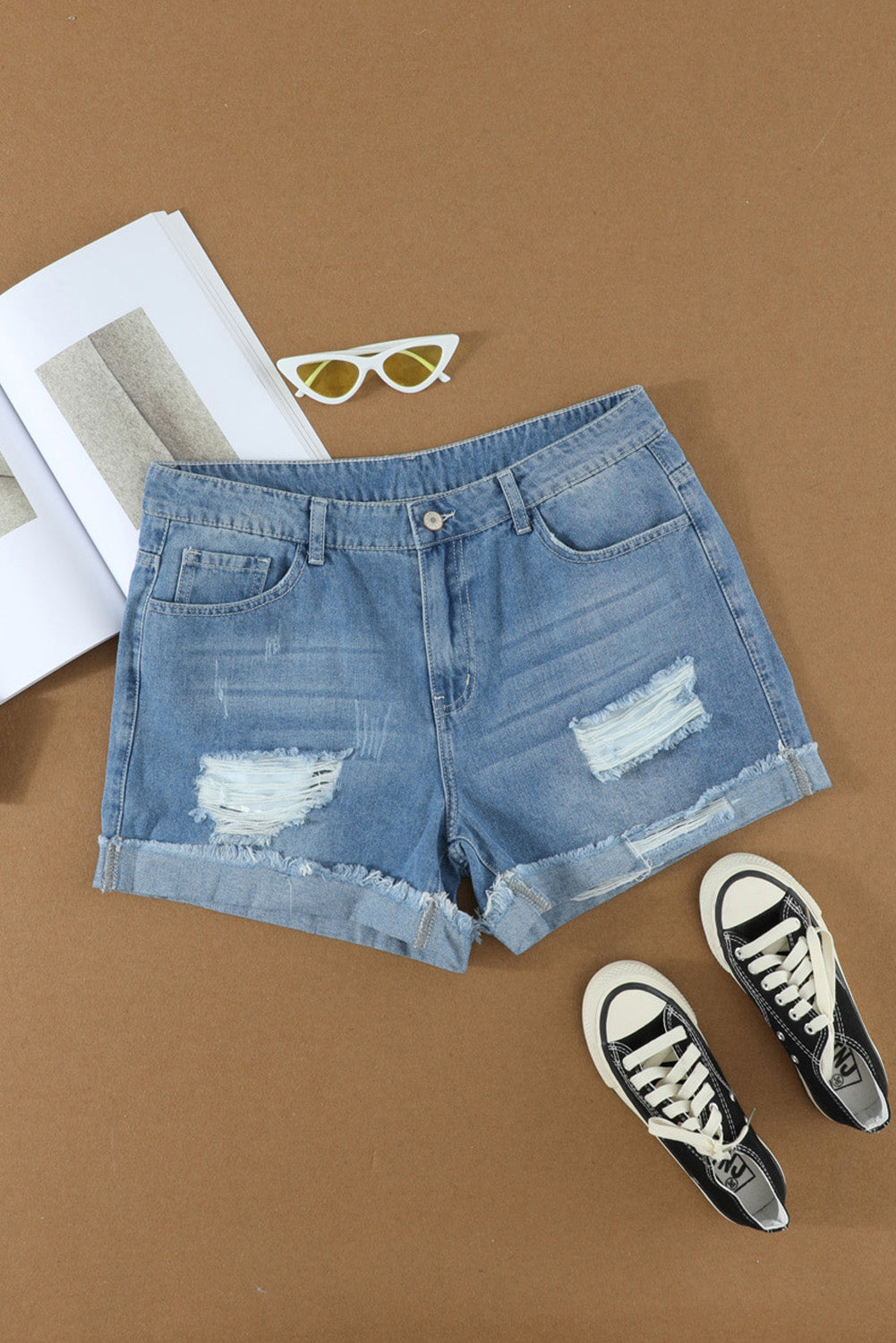 Ripped Rolled Hem Denim Shorts