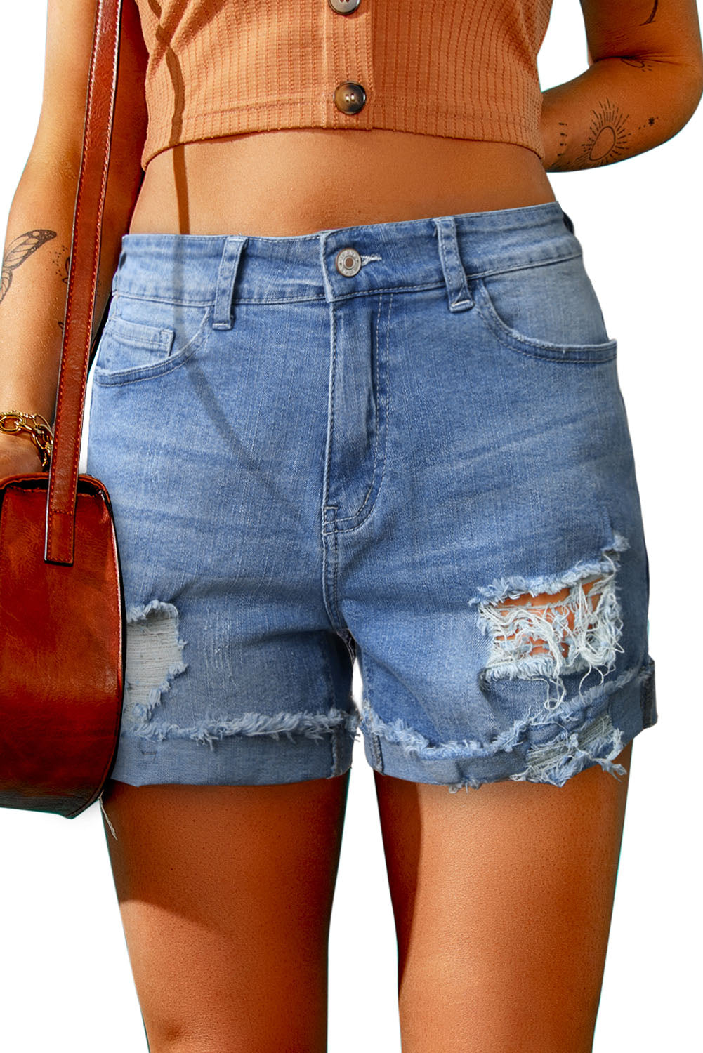 Ripped Rolled Hem Denim Shorts