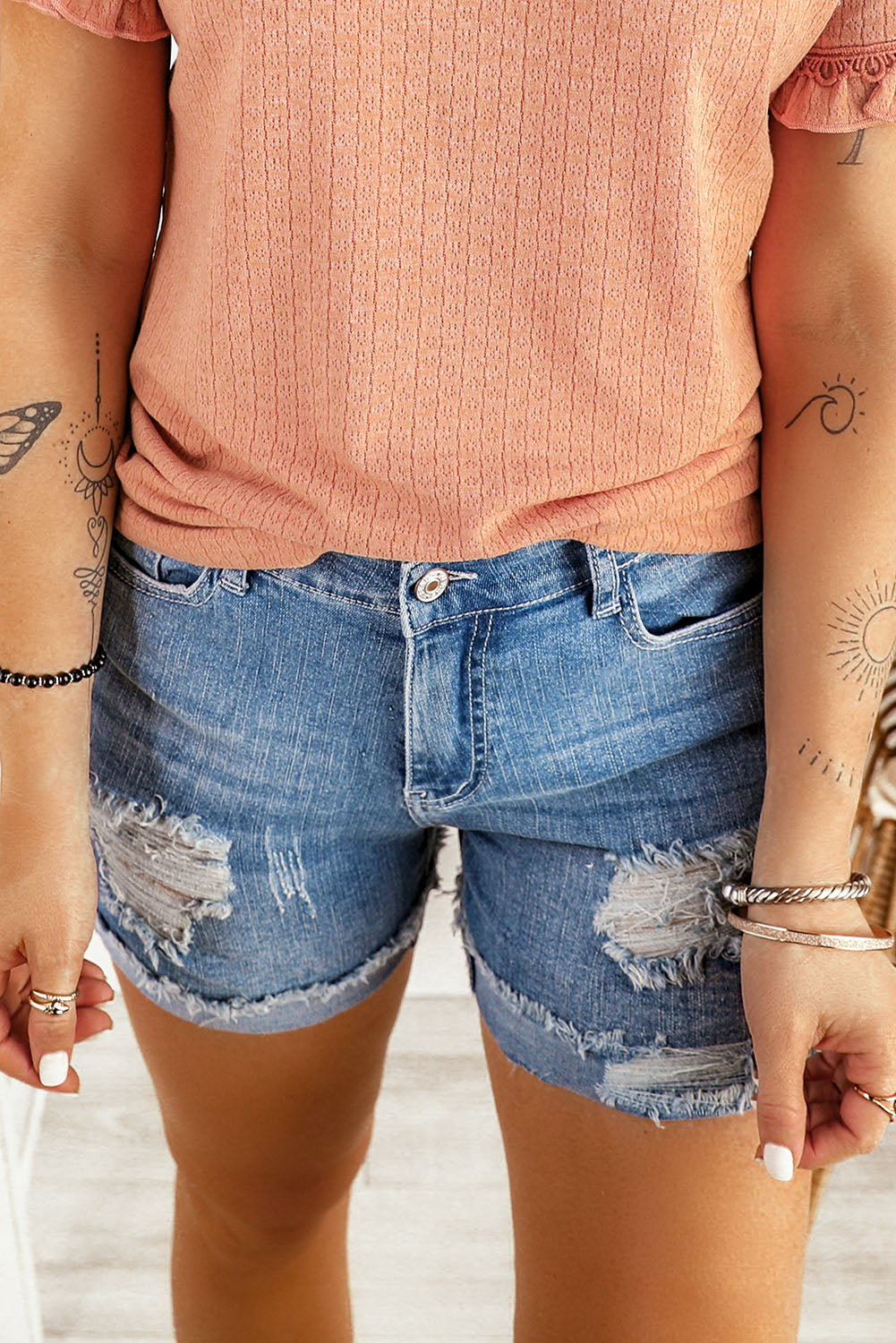 Ripped Rolled Hem Denim Shorts
