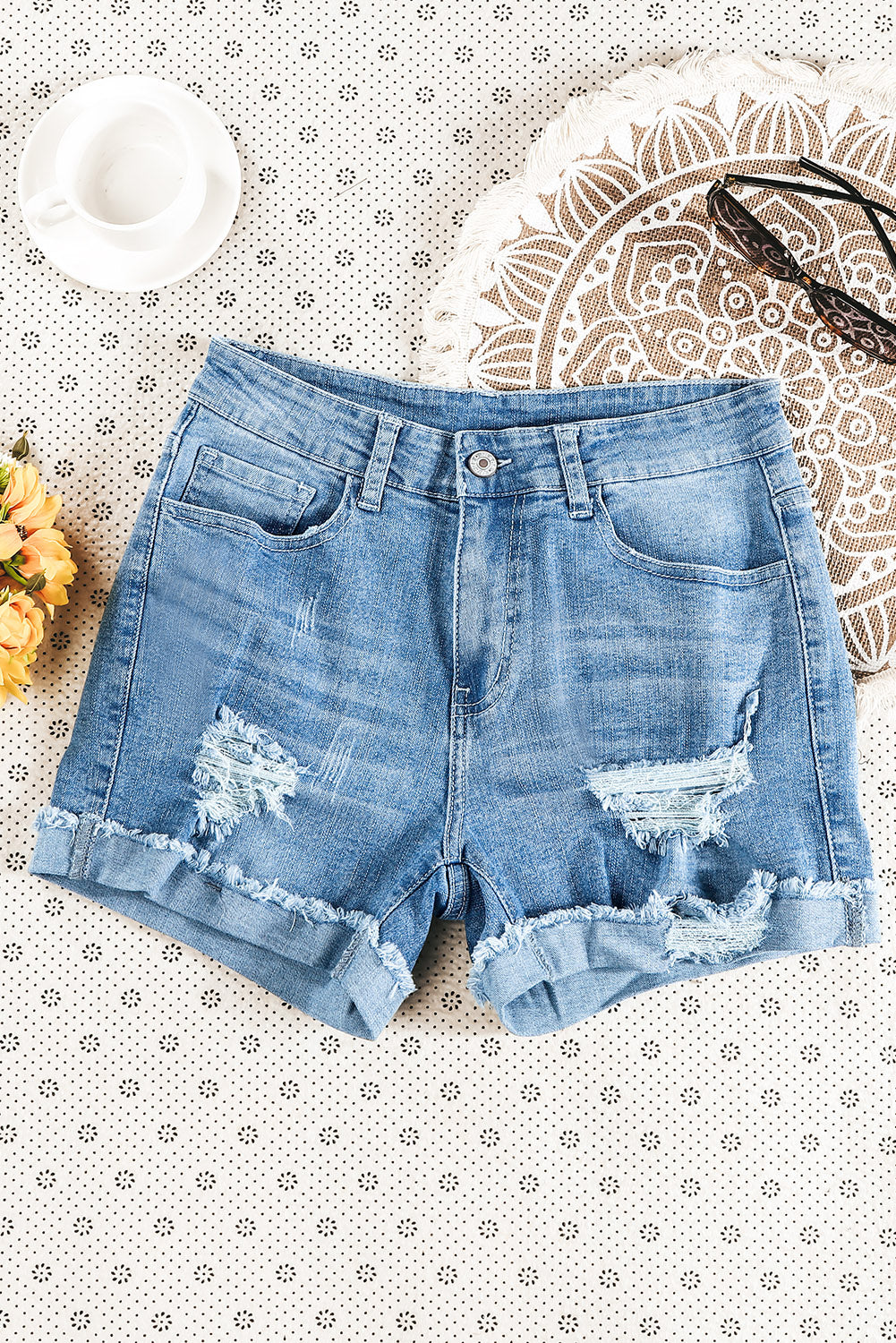 Ripped Rolled Hem Denim Shorts