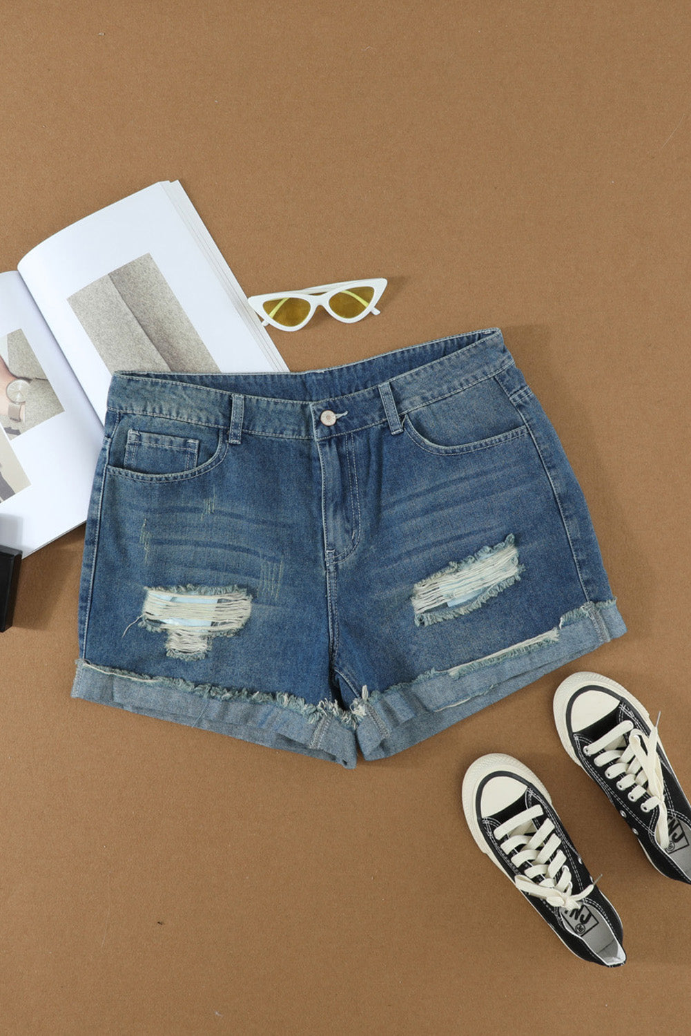 Ripped Rolled Hem Denim Shorts