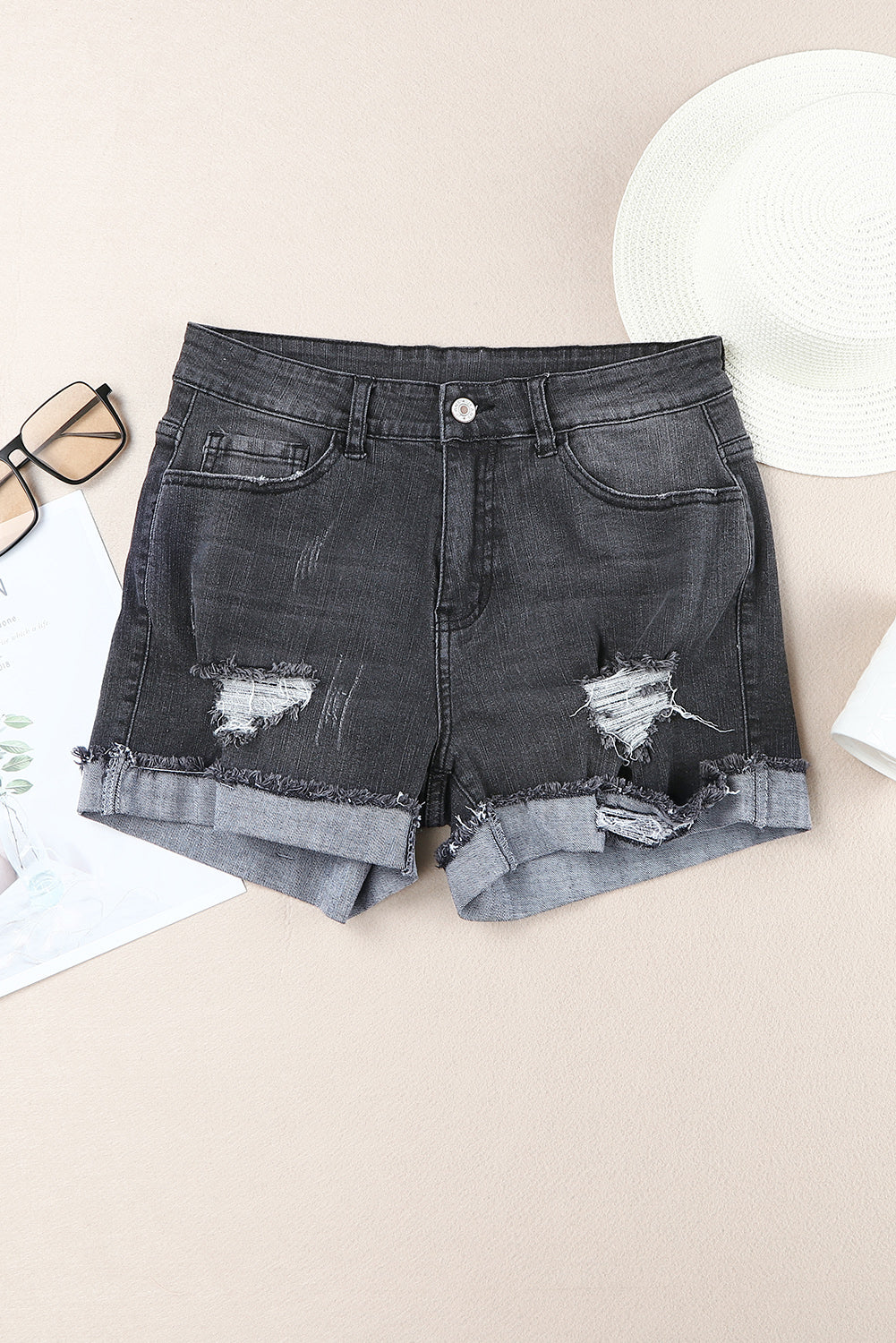 Ripped Rolled Hem Denim Shorts