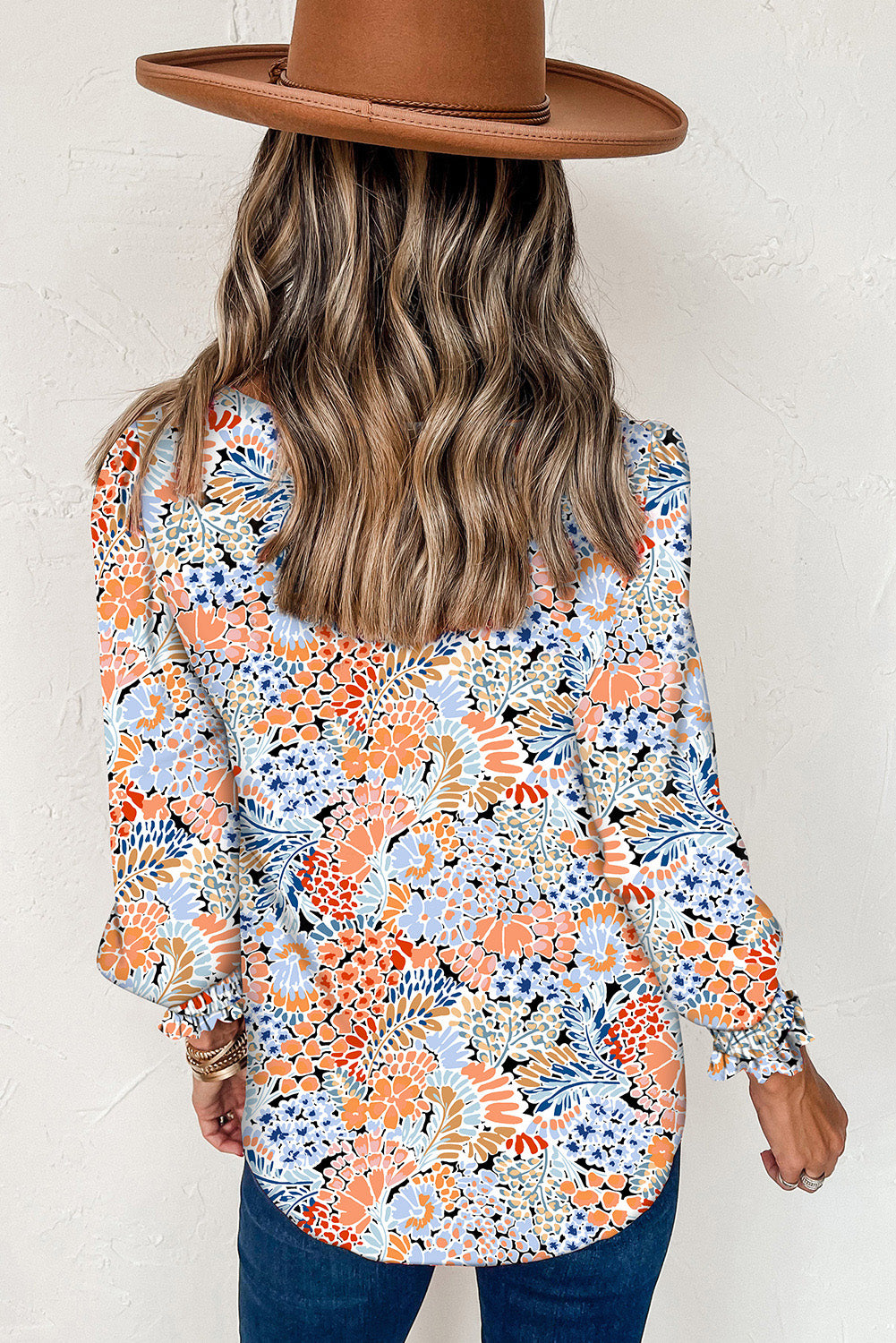 Floral Print Smocked Cuffs Long Sleeve Blouse