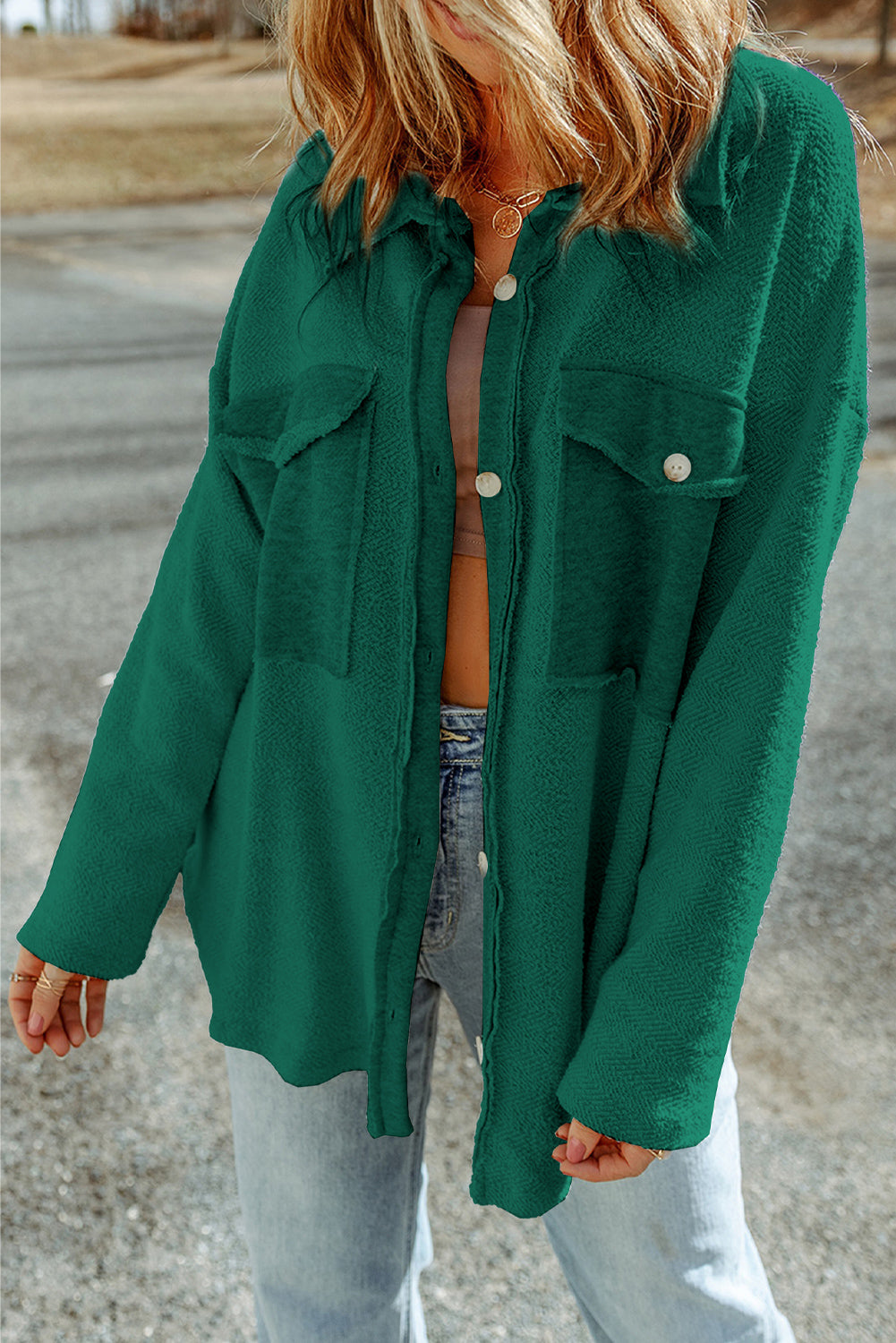 Grey Textured Button Up Shirt Jacket with Pockets