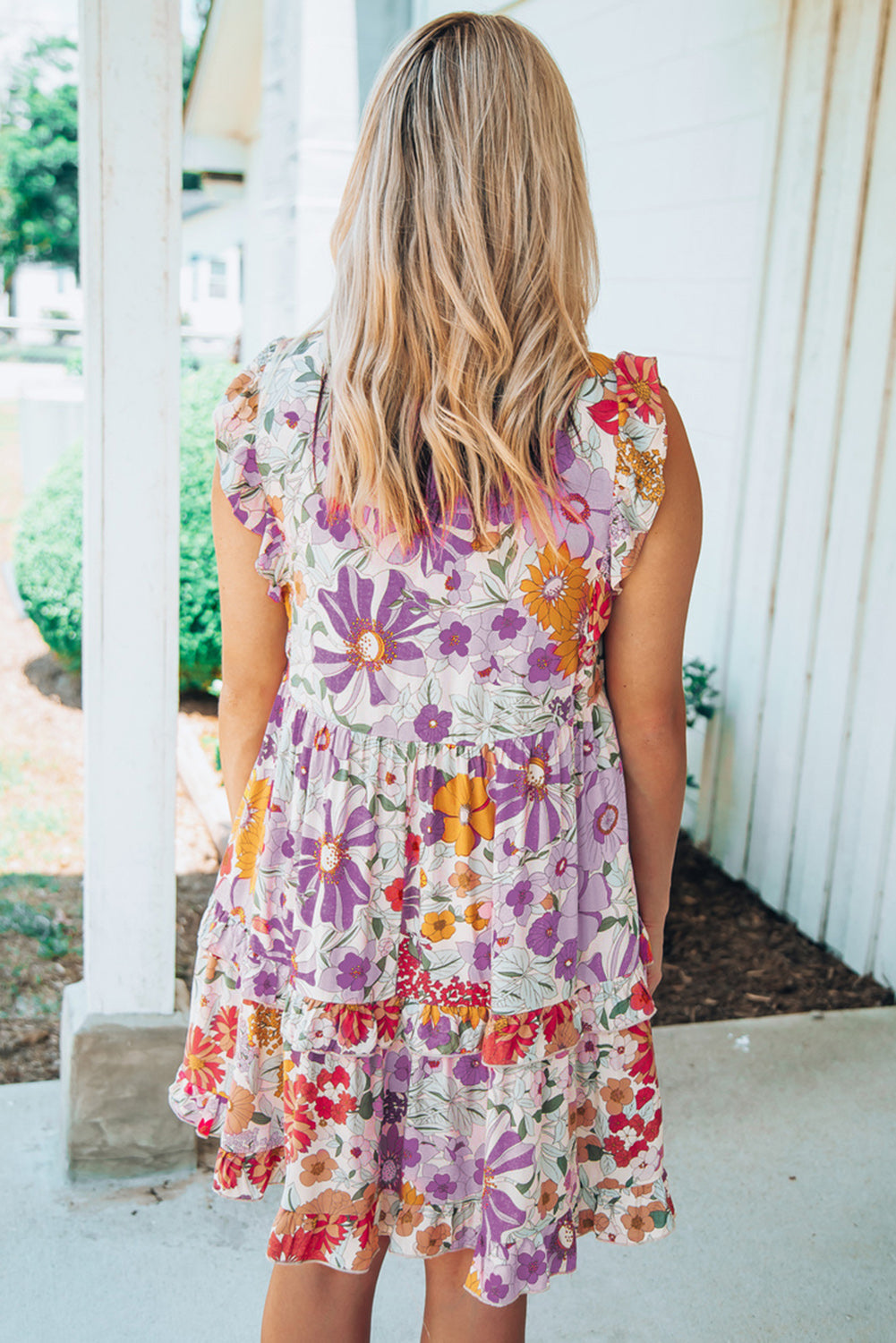 White Floral Boho Ruffle Pocket Tiered Mini Dress