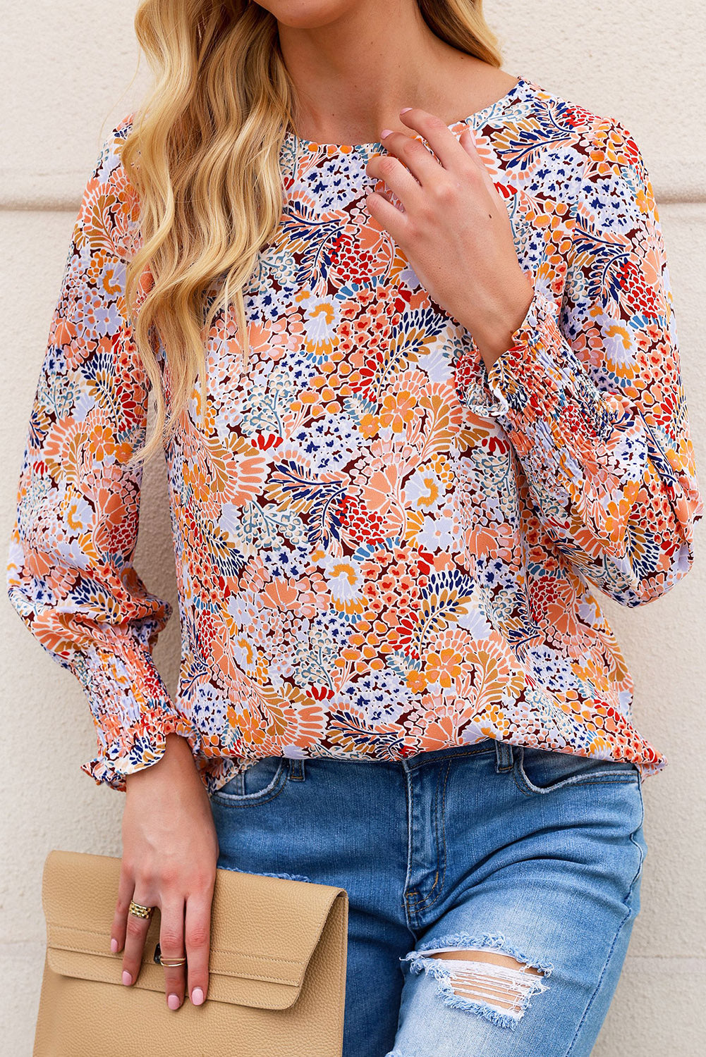 Floral Print Smocked Cuffs Long Sleeve Blouse