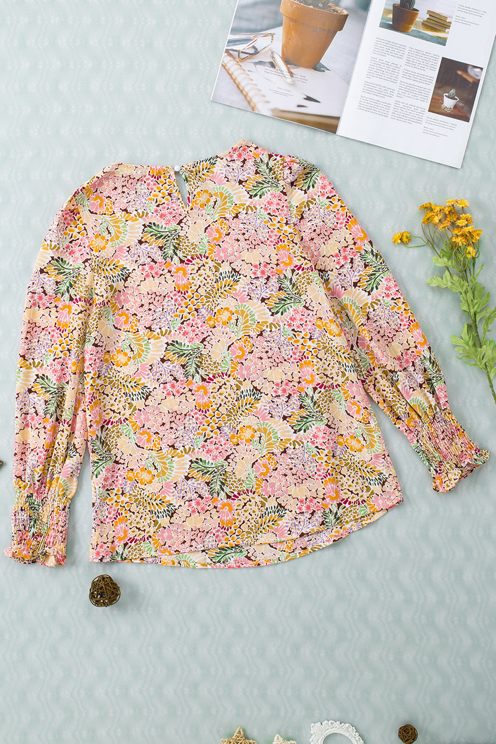 Floral Print Smocked Cuffs Long Sleeve Blouse