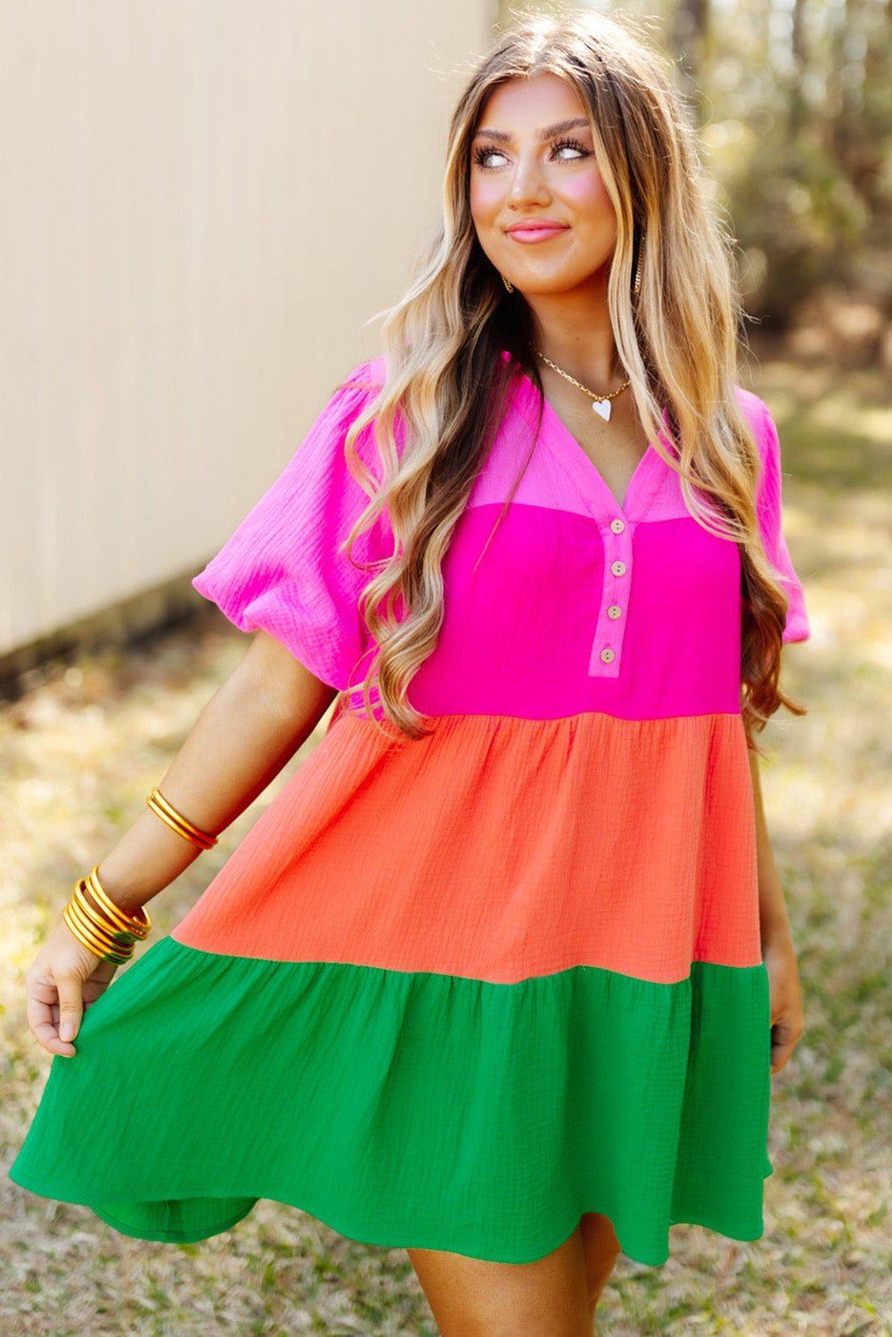 Multicolor Color Tiered Puff Sleeve Dress