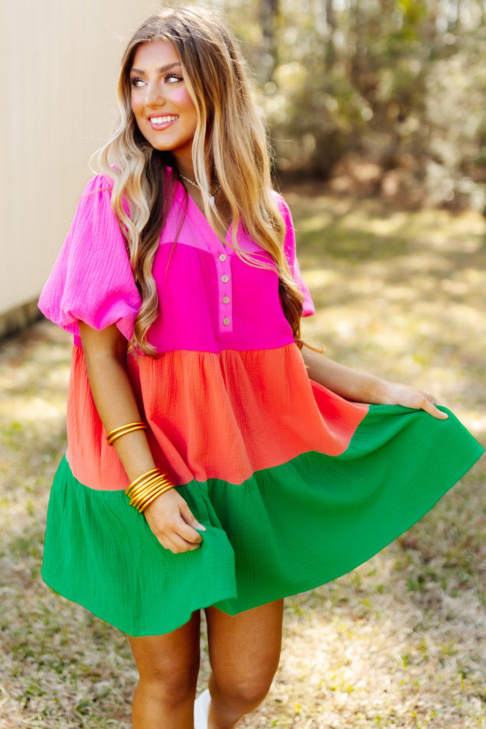 Multicolor Color Tiered Puff Sleeve Dress