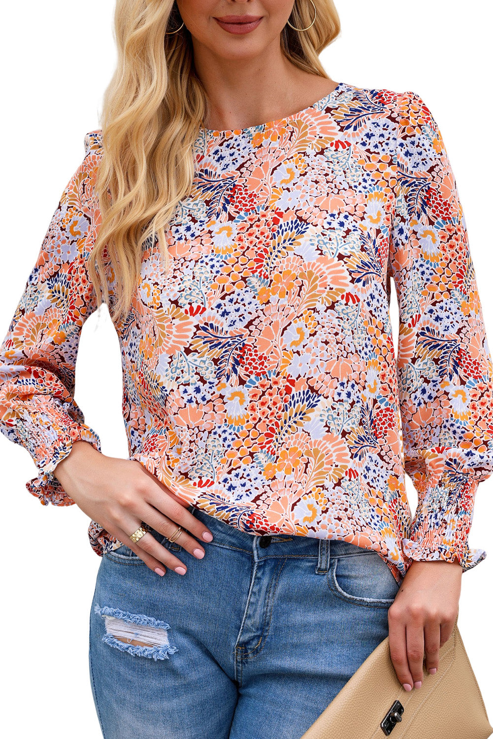 Floral Print Smocked Cuffs Long Sleeve Blouse