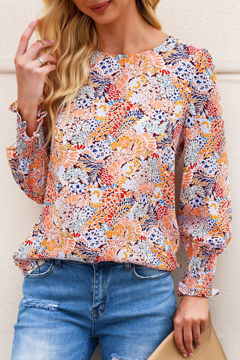 Floral Print Smocked Cuffs Long Sleeve Blouse