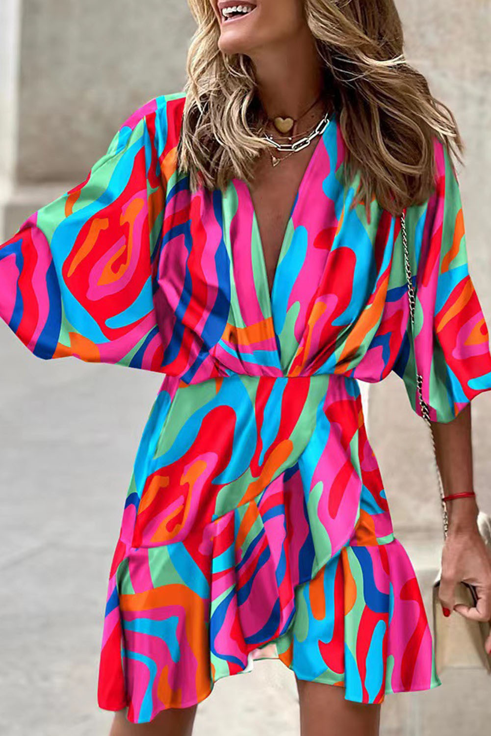 Abstract Printed Dolman Sleeve Ruffle Wrap Dress