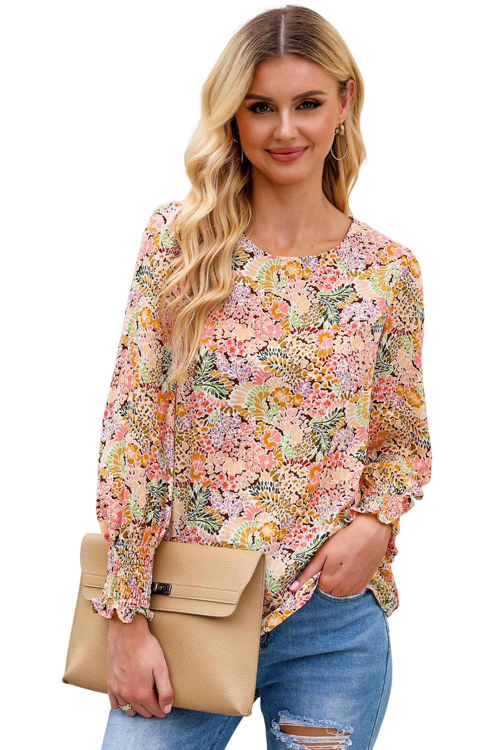 Floral Print Smocked Cuffs Long Sleeve Blouse