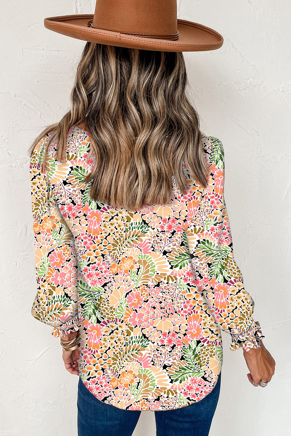 Floral Print Smocked Cuffs Long Sleeve Blouse