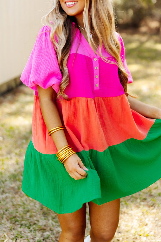 Multicolor Color Tiered Puff Sleeve Dress