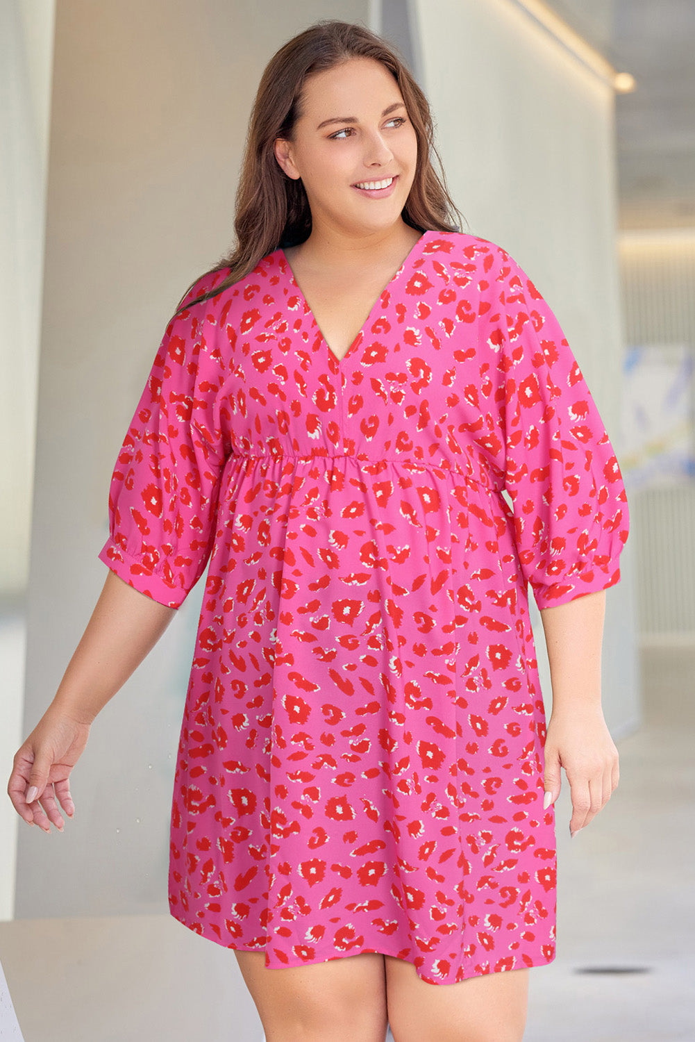 Plus Size 3/4 Sleeves V Neck Leopard Dress