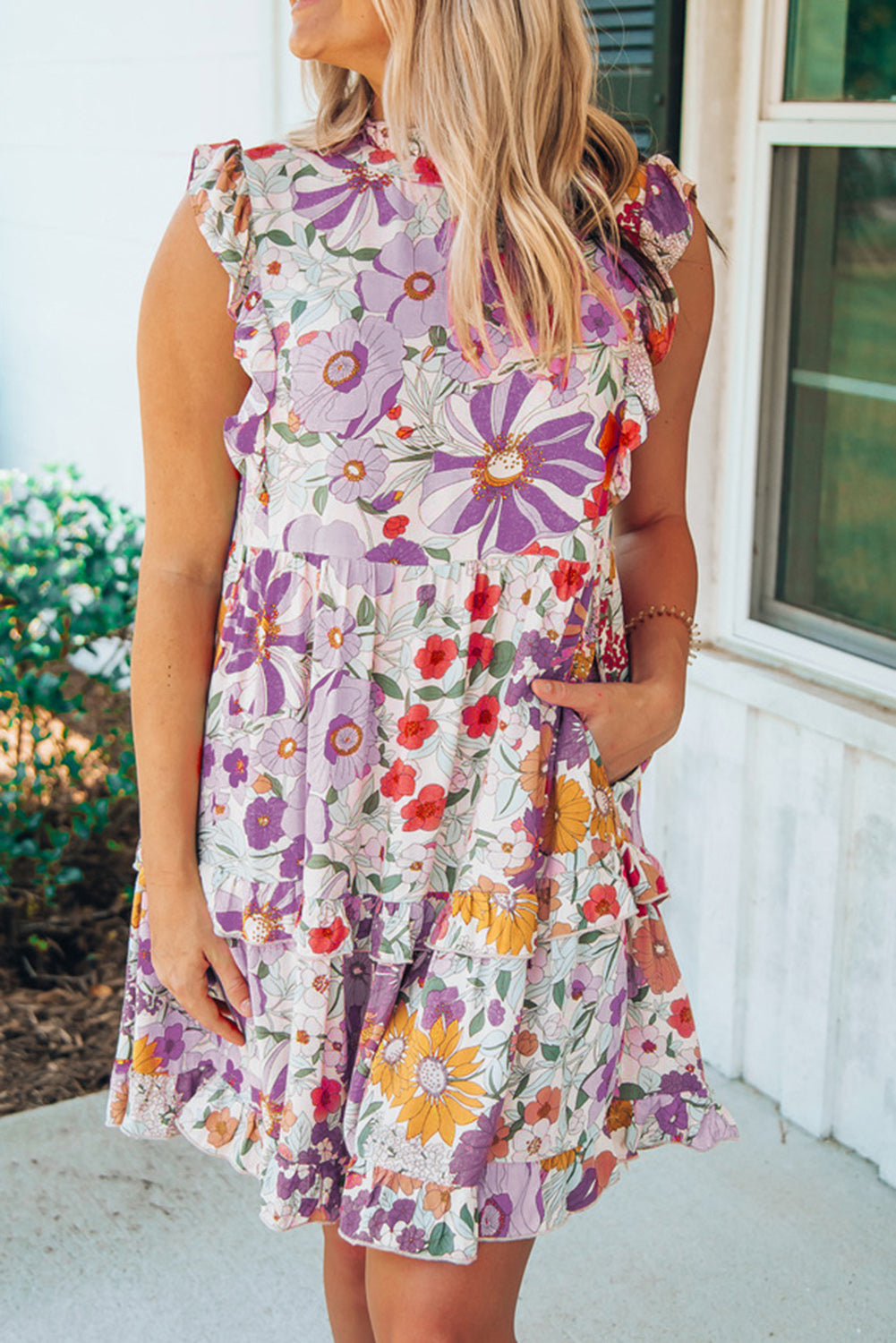 White Floral Boho Ruffle Pocket Tiered Mini Dress