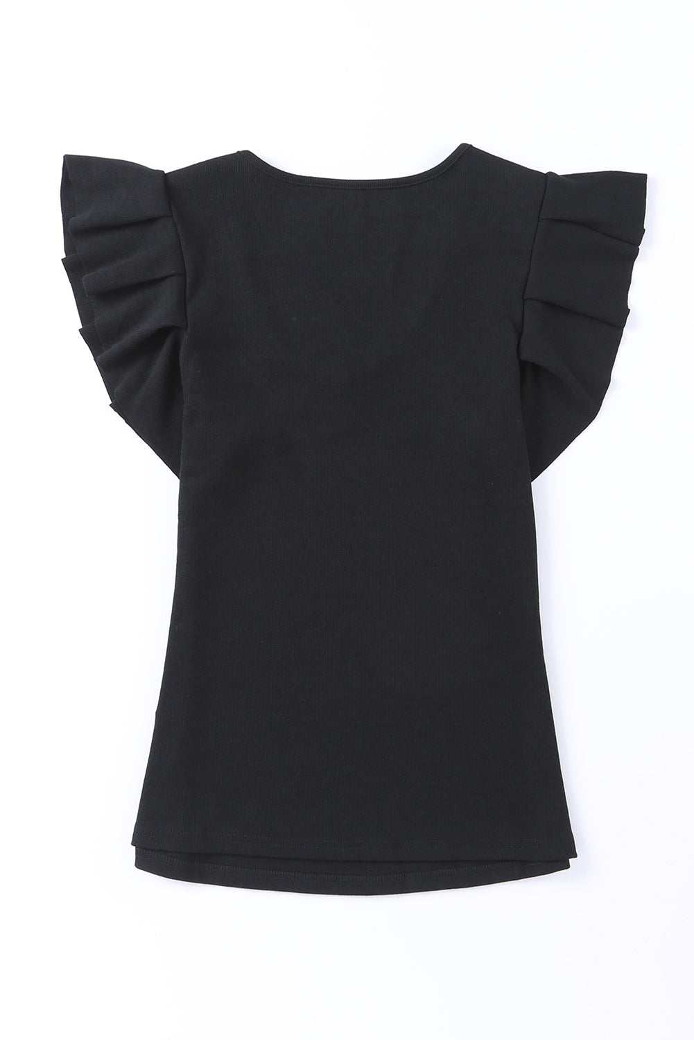 Rib Knitted Ruffle Shoulder U Neck Top