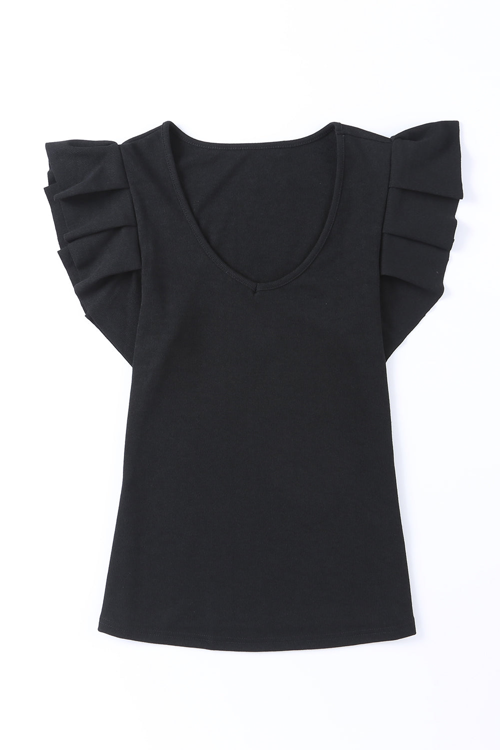 Rib Knitted Ruffle Shoulder U Neck Top