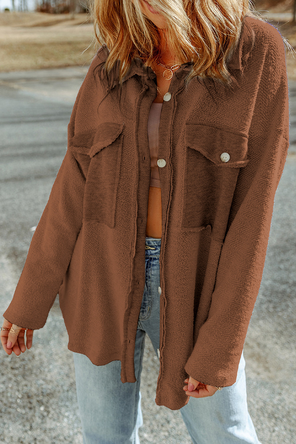 Grey Textured Button Up Shirt Jacket with Pockets