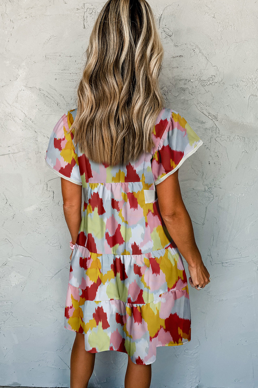 Criss Cross V Neck Ruffle Sleeve Tiered Dress