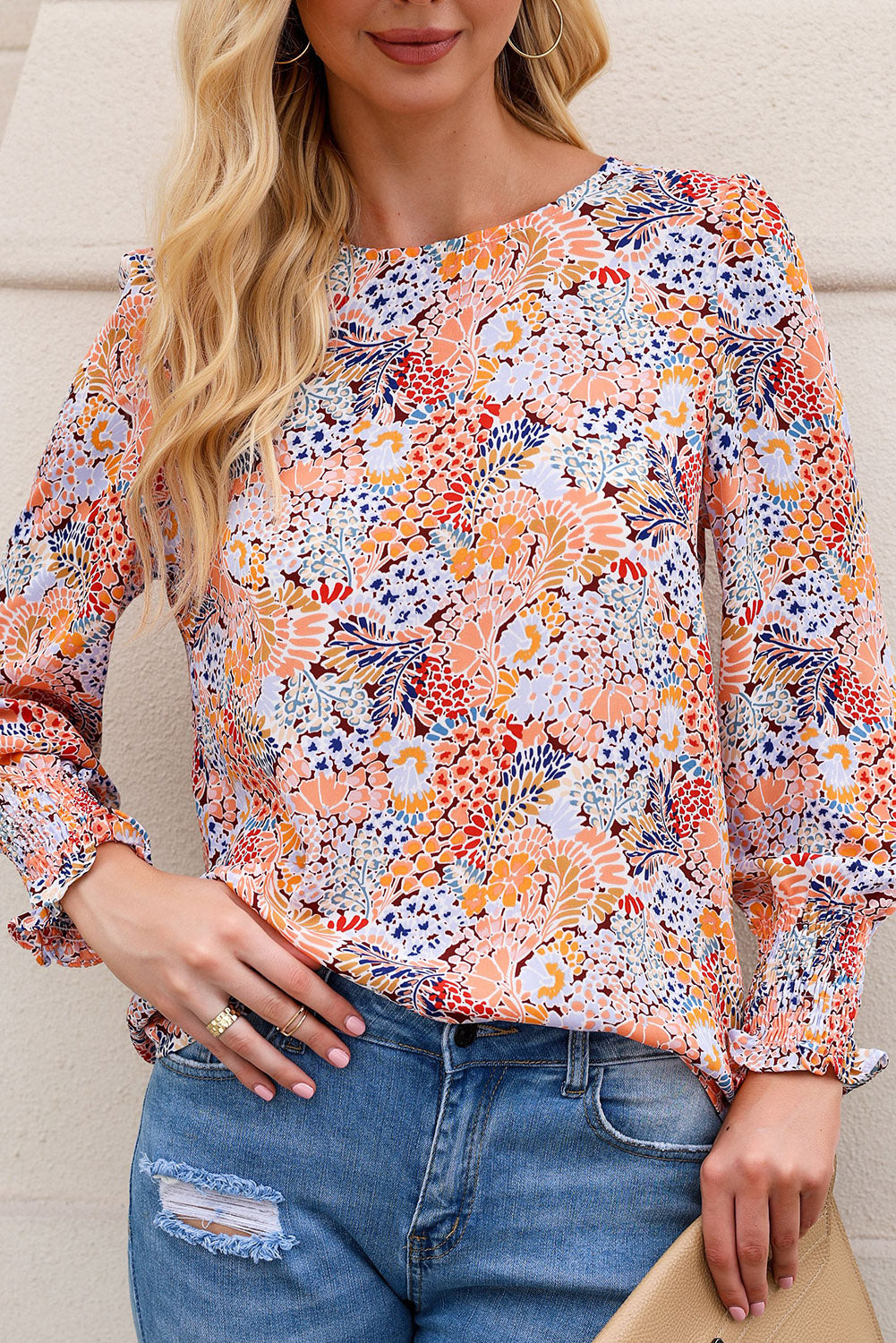 Floral Print Smocked Cuffs Long Sleeve Blouse