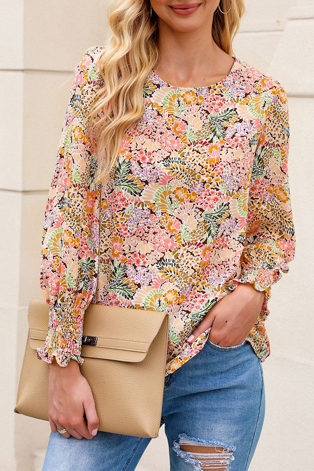 Floral Print Smocked Cuffs Long Sleeve Blouse