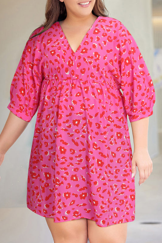 Plus Size 3/4 Sleeves V Neck Leopard Dress