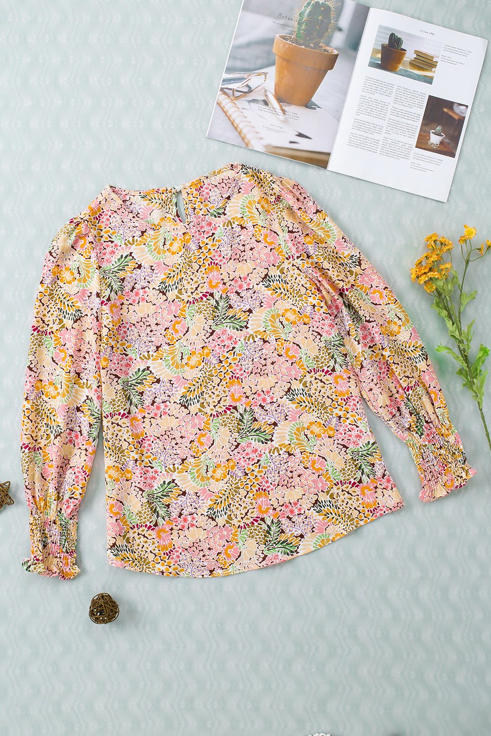 Floral Print Smocked Cuffs Long Sleeve Blouse