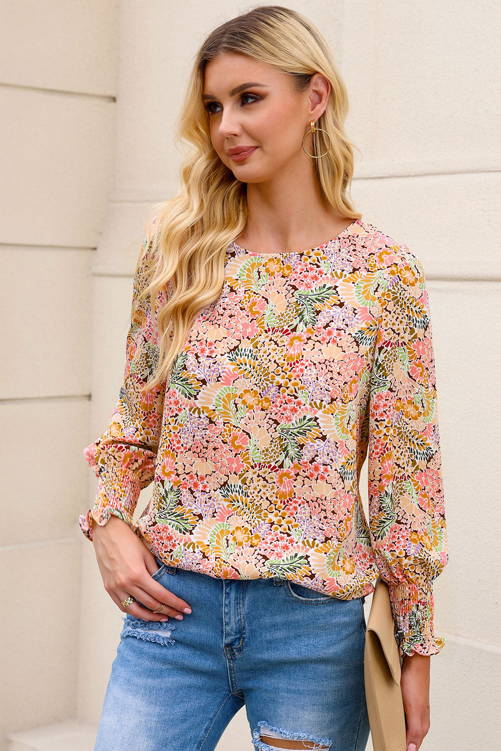 Floral Print Smocked Cuffs Long Sleeve Blouse