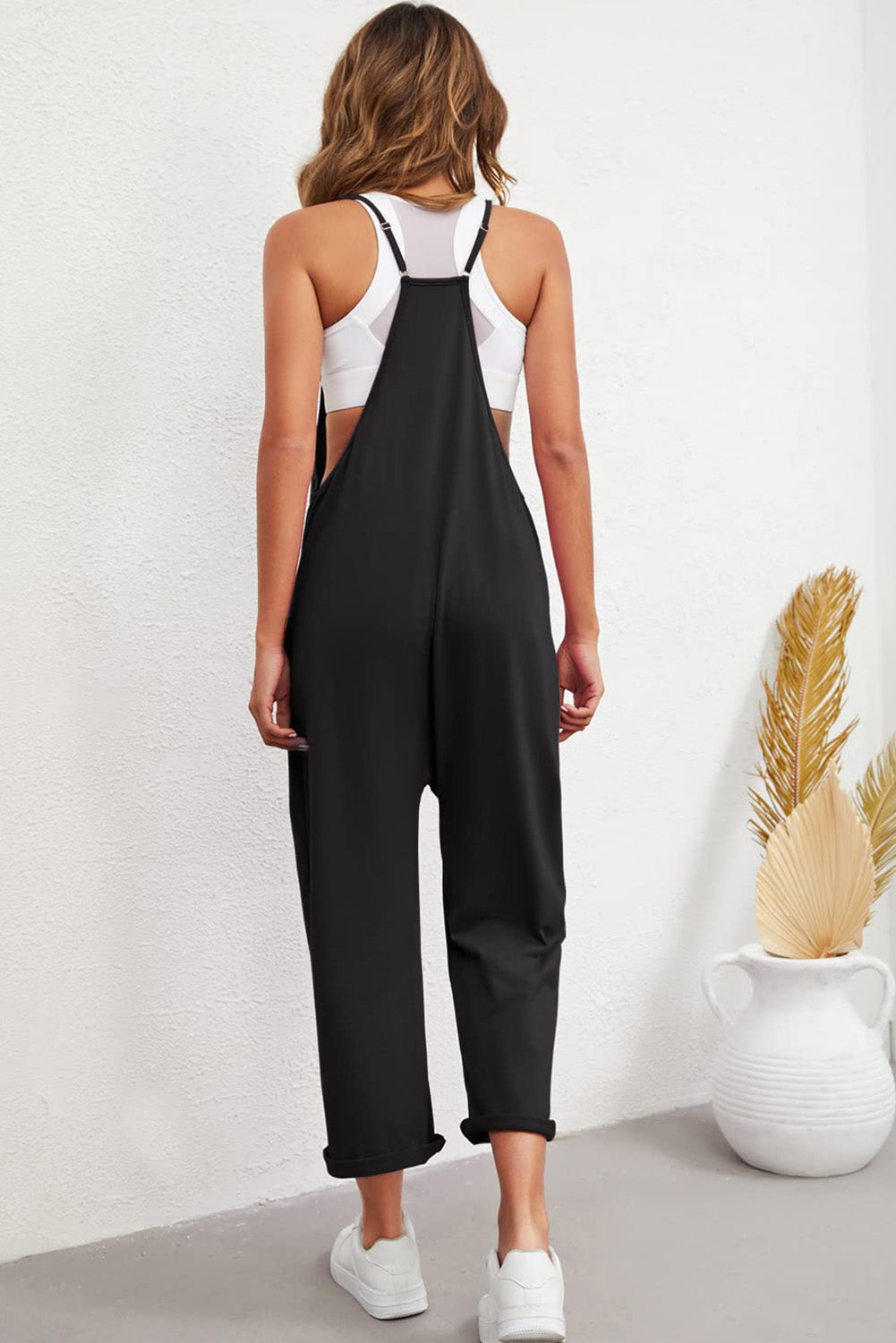 Black Pocketed Spaghetti Strap Straight Leg Jumpsuit