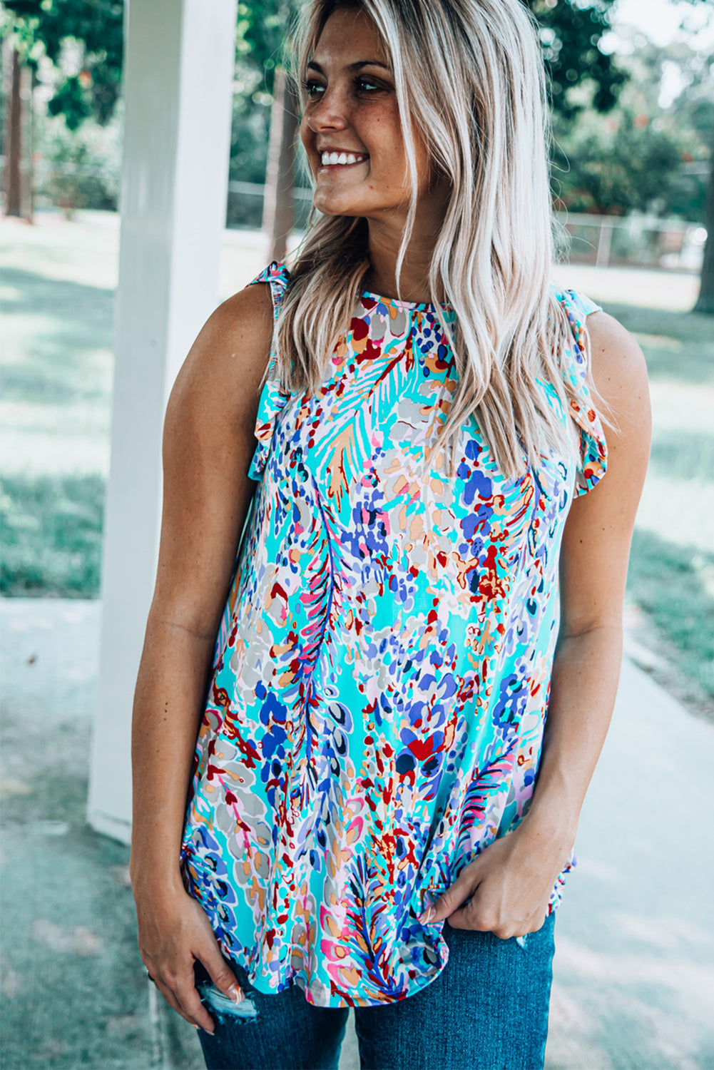 Printed Color Block Boho Sleeveless Shirt with Ruffle