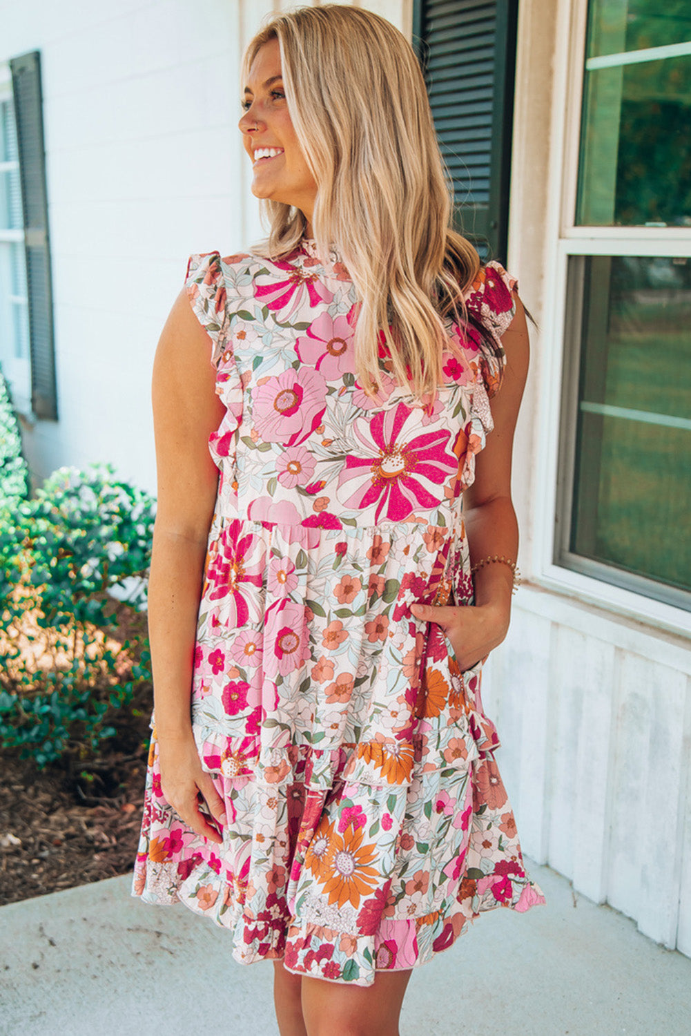 White Floral Boho Ruffle Pocket Tiered Mini Dress