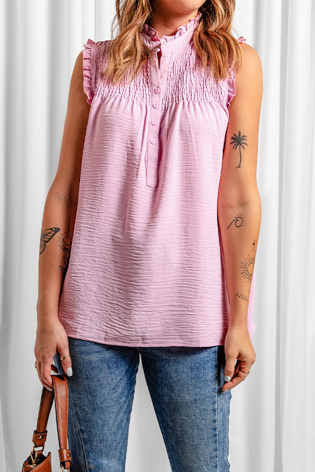 Smocked Button Front V Neck Sleeveless Shirt