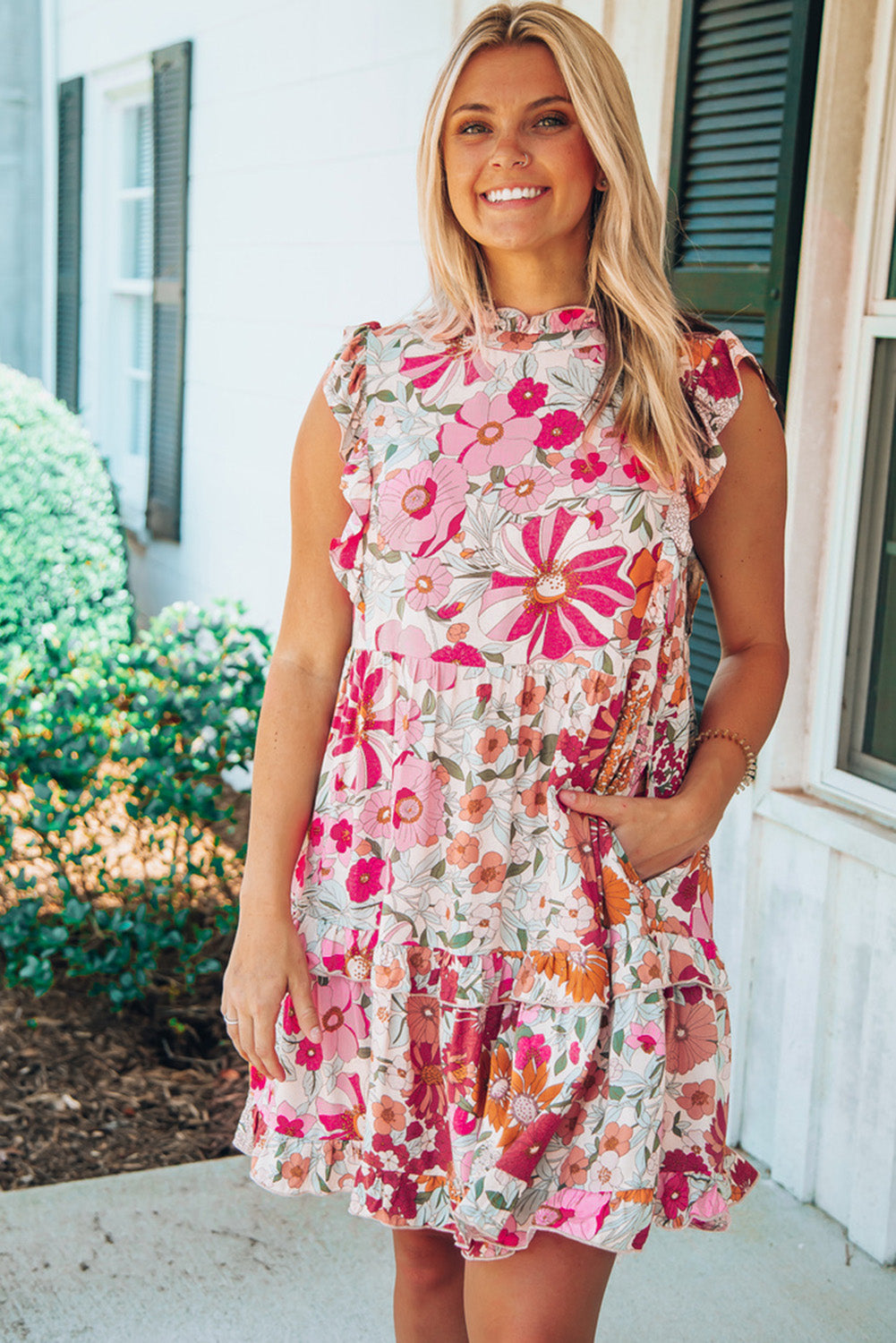 White Floral Boho Ruffle Pocket Tiered Mini Dress