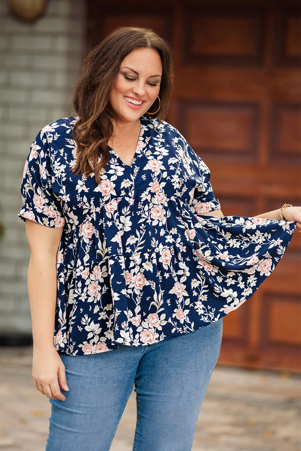 Floral V-Neck Tied Blouse