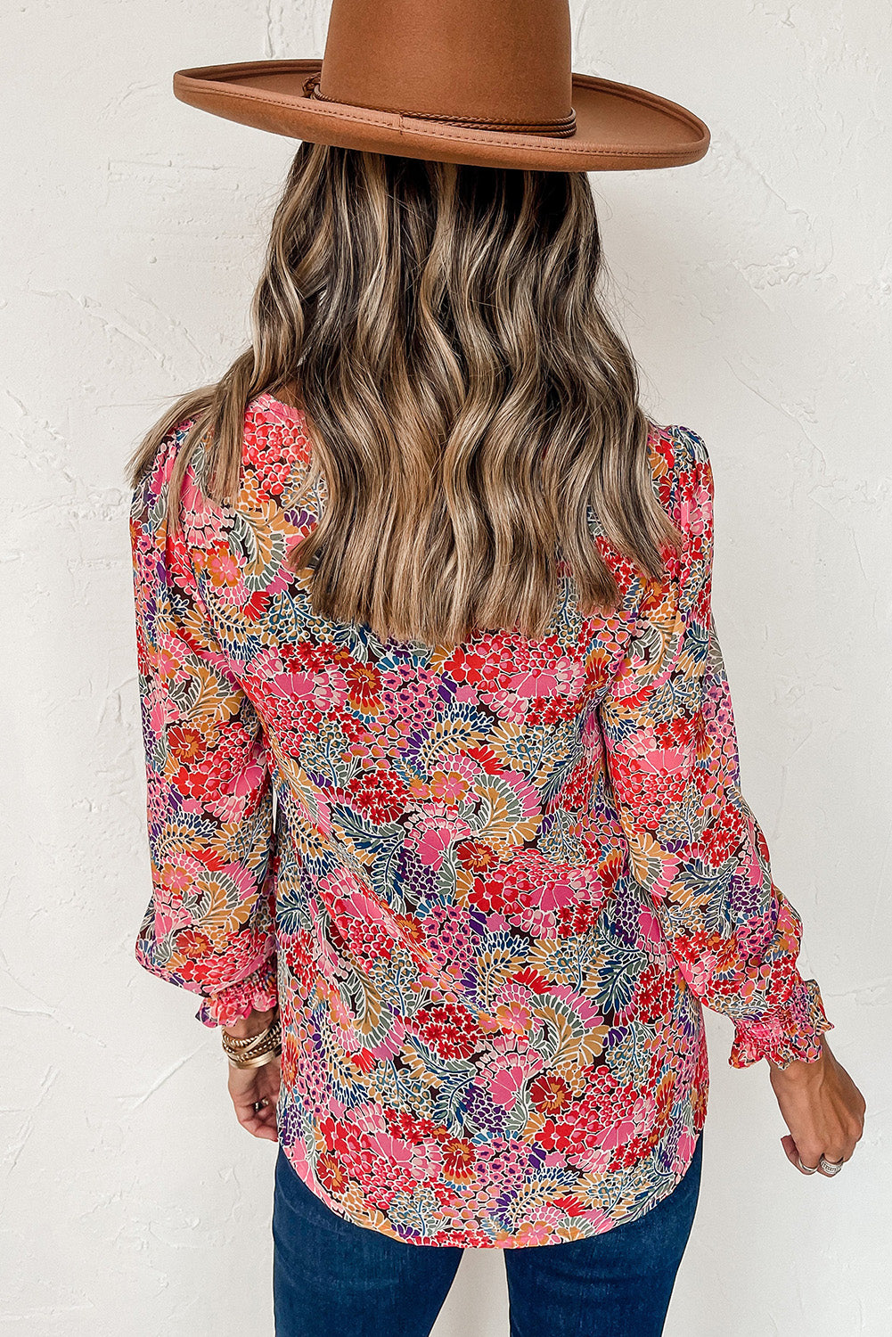 Floral Print Smocked Cuffs Long Sleeve Blouse