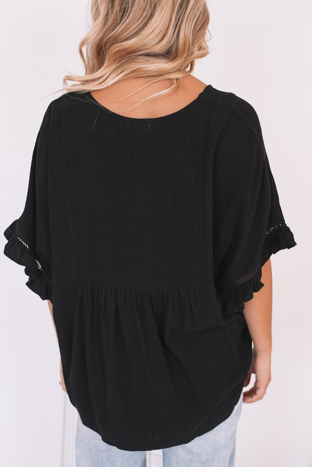 Ruffle Lace Detail V Neck Half Sleeve Loose Top