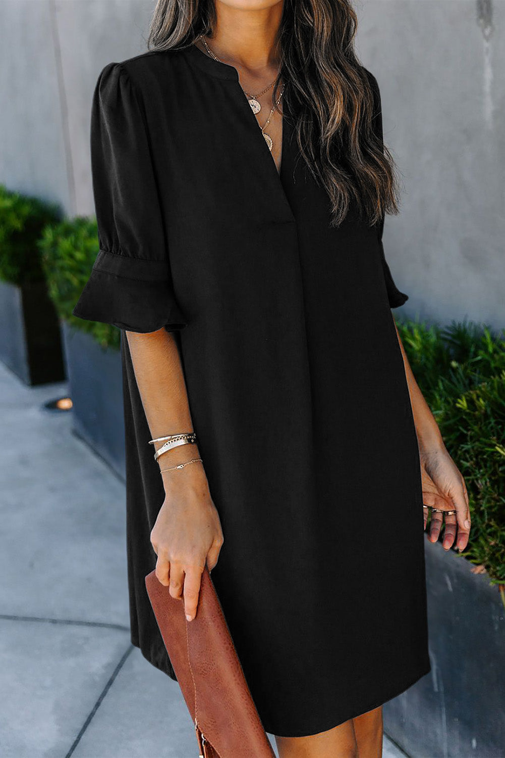 V Neck Short Sleeve Tunic Dress