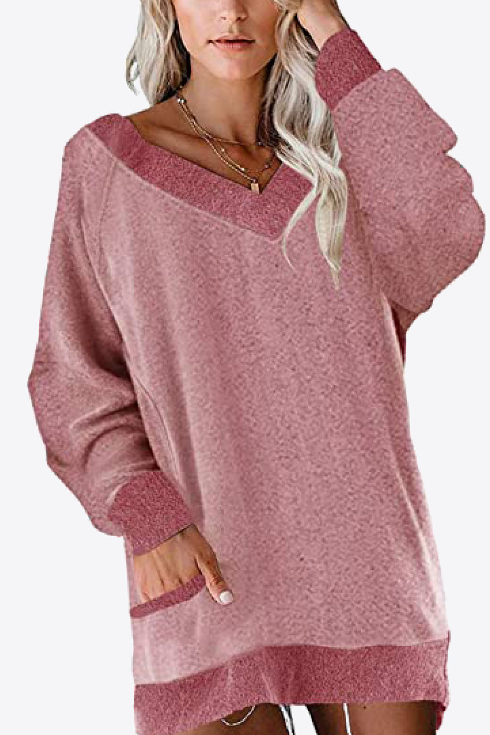 Contrast Raglan Sleeve V-Neck Top with Pockets