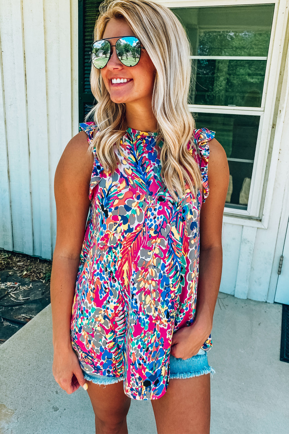 Printed Color Block Boho Sleeveless Shirt with Ruffle