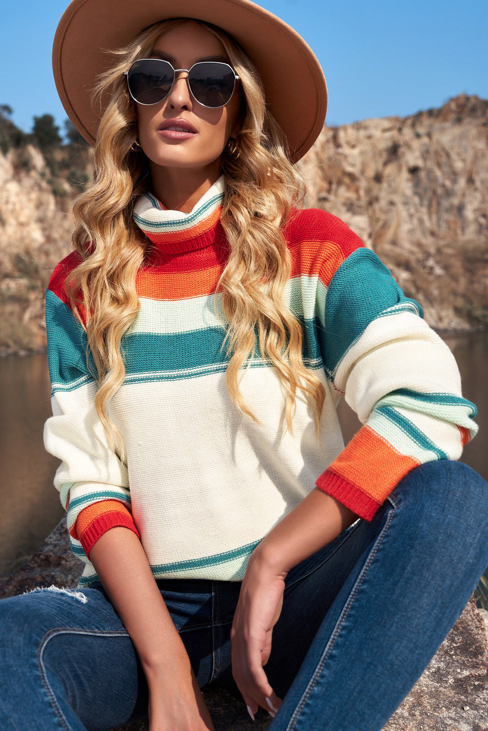 Striped Turtleneck Drop Shoulder Sweater