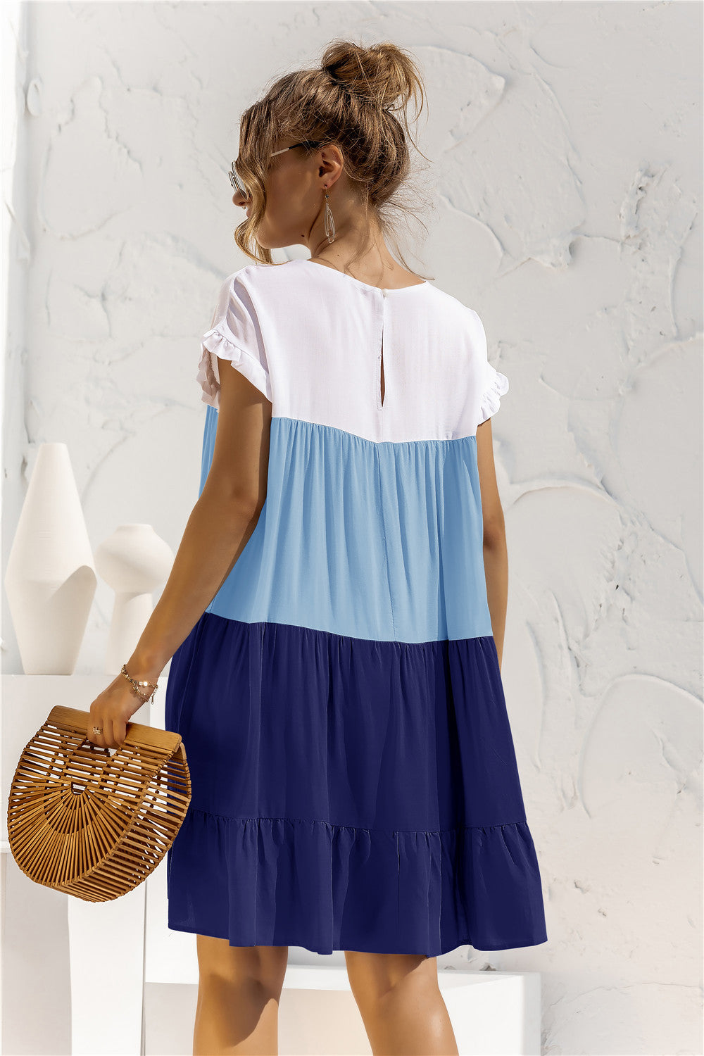 Color Block Round Neck Ruffle Hem Dress