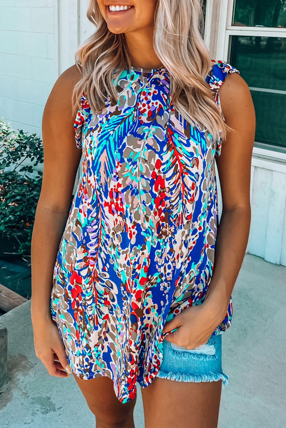 Printed Color Block Boho Sleeveless Shirt with Ruffle