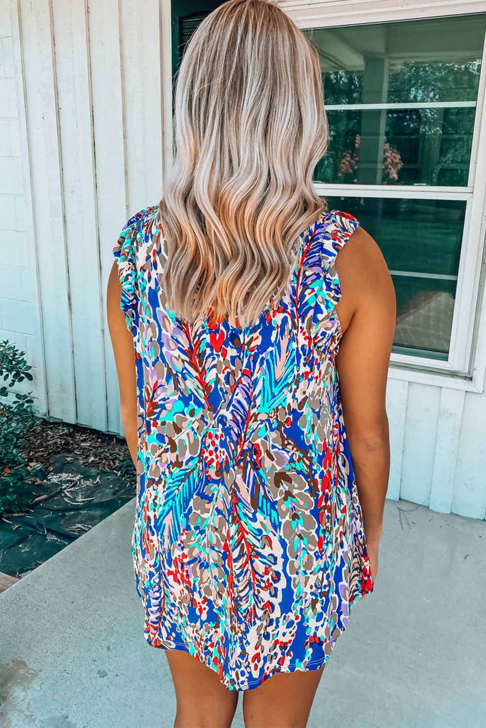 Printed Color Block Boho Sleeveless Shirt with Ruffle