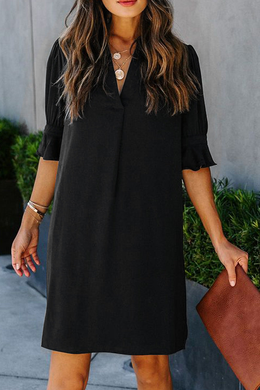 V Neck Short Sleeve Tunic Dress