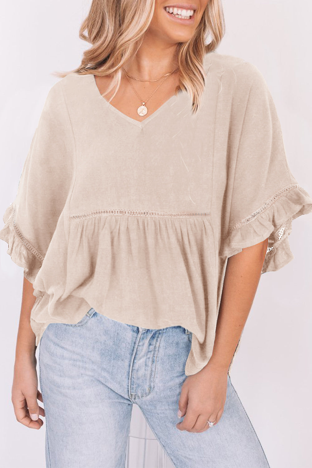 Ruffle Lace Detail V Neck Half Sleeve Loose Top