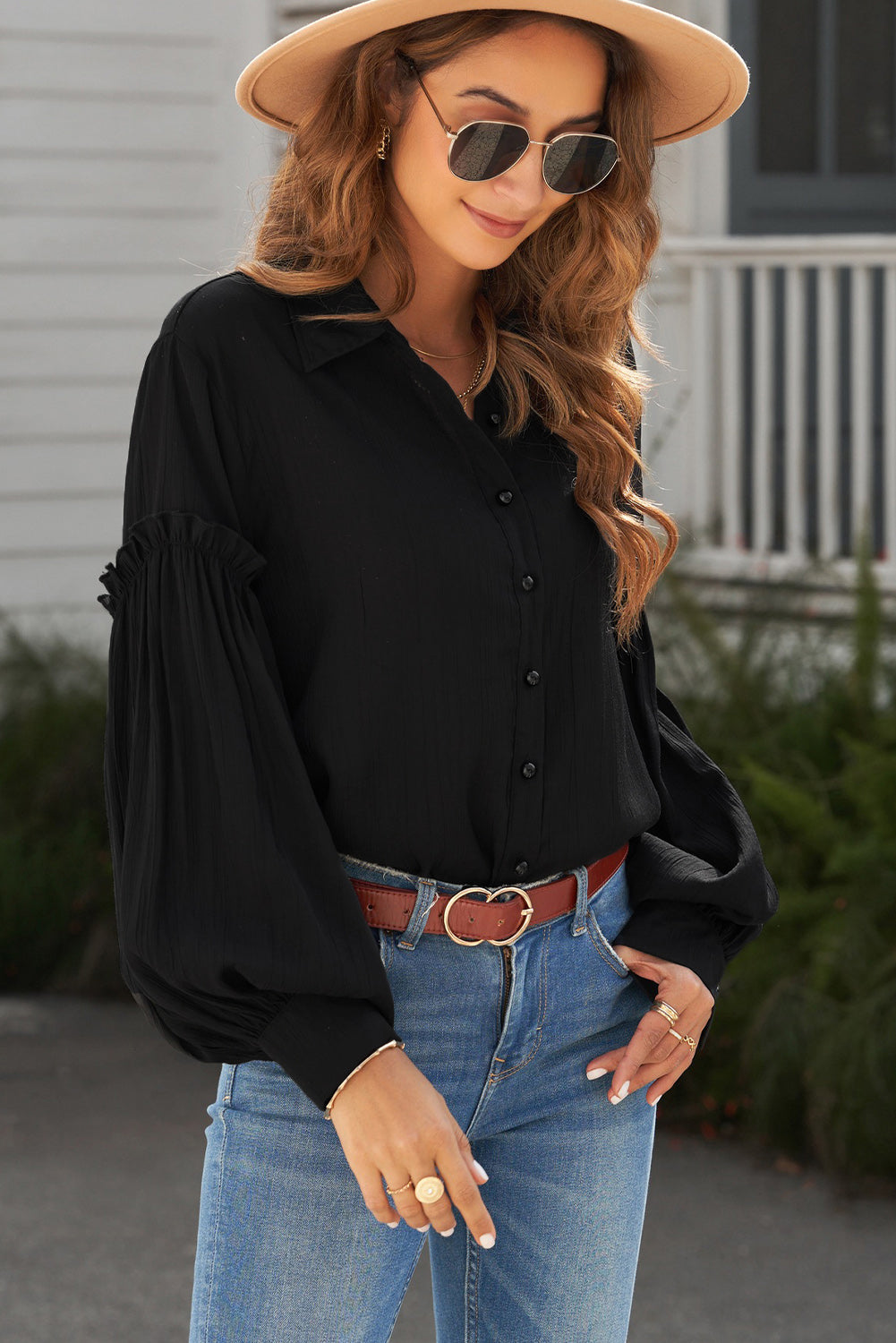 Button Front Frill Trim Blouse