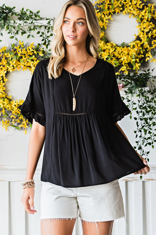 Ruffle Lace Detail V Neck Half Sleeve Loose Top