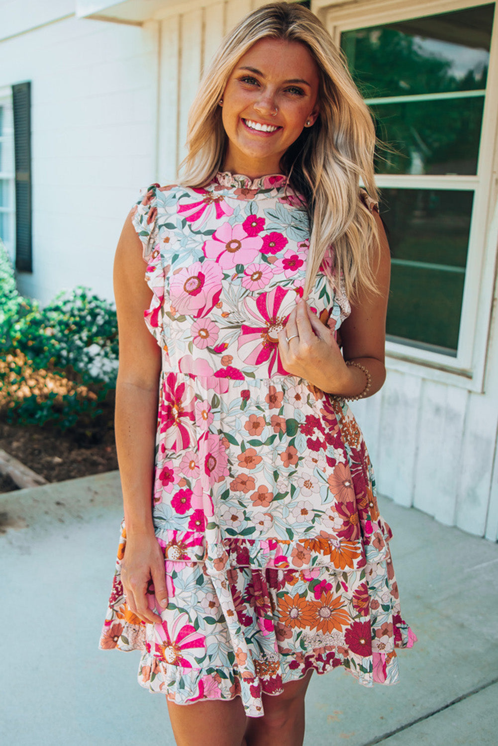 White Floral Boho Ruffle Pocket Tiered Mini Dress